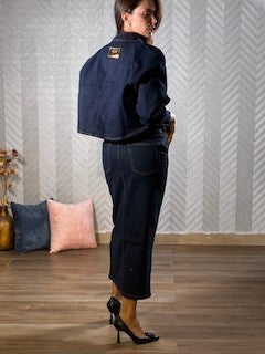 Skirt, dark blue denim, midi, fitted, front slit