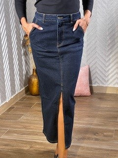 Skirt, dark blue denim, midi, fitted, front slit