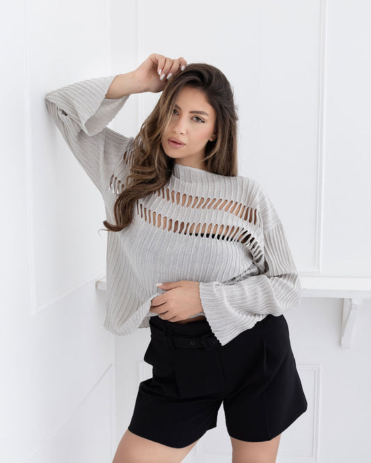 Stravexa | Gray Metallic Thread Top with Cut-Out Details