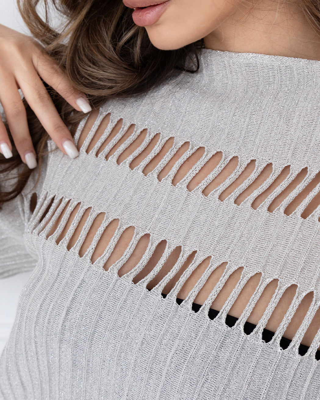 Stravexa | Gray Metallic Thread Top with Cut-Out Details