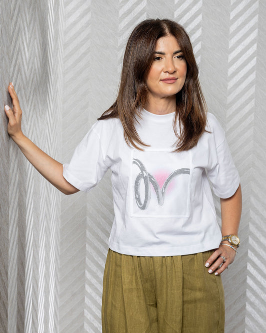 Netta | White T-Shirt with Black Net Detail and Pink Print
