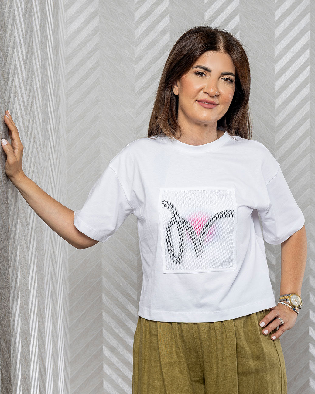 Netta | White T-Shirt with Black Net Detail and Pink Print