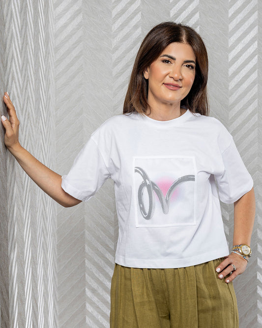 Netta | White T-Shirt with Black Net Detail and Pink Print