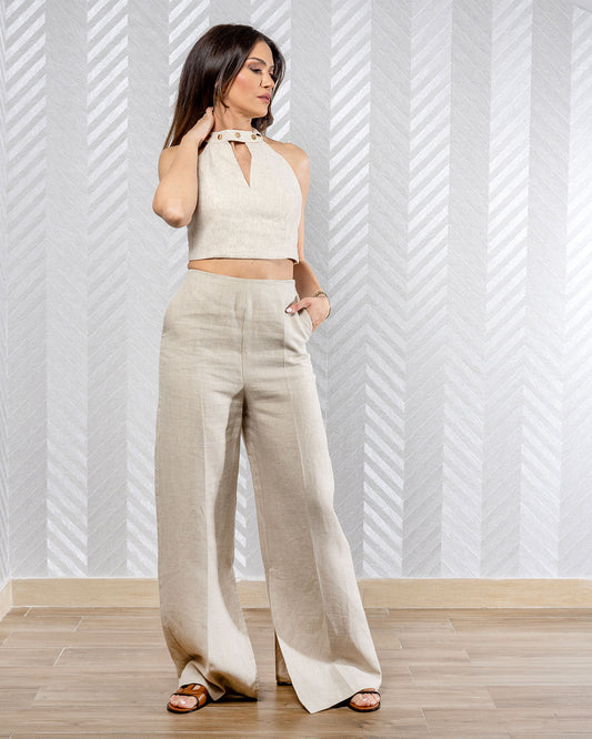 Olivia | Linen Flared Pants with Inner Slit – Available in White and Beige