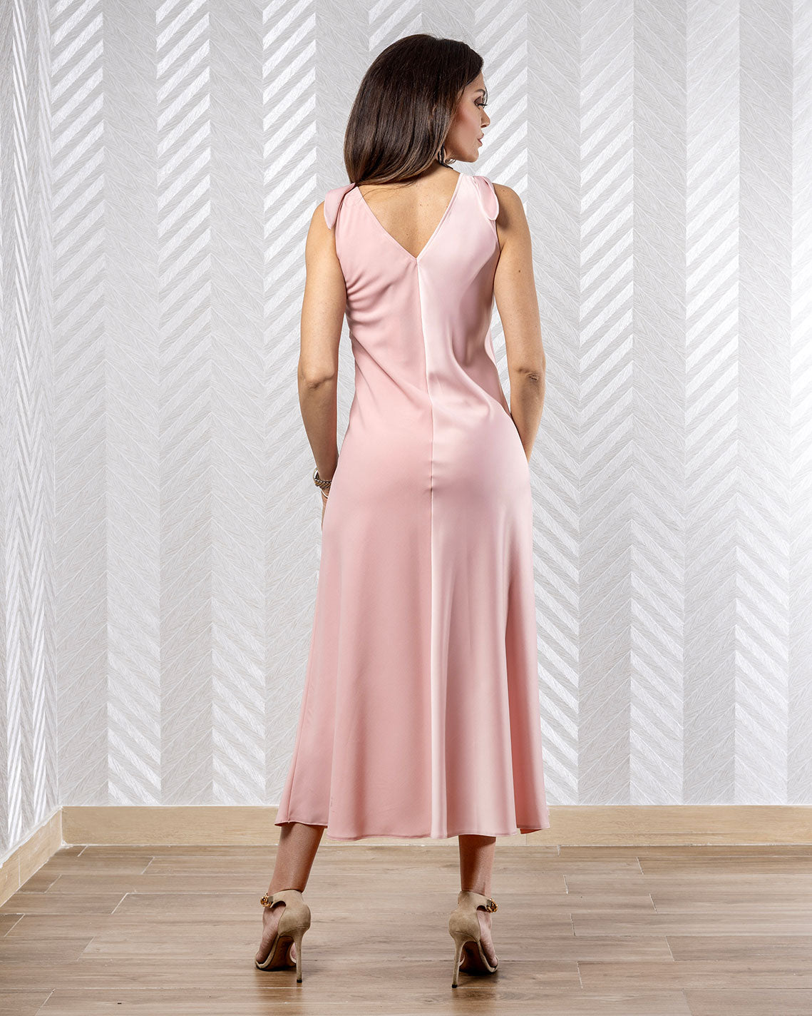 Rosaline | Powder Pink Satin Maxi Dress with V-Neck, V-Back & Shoulder Bows