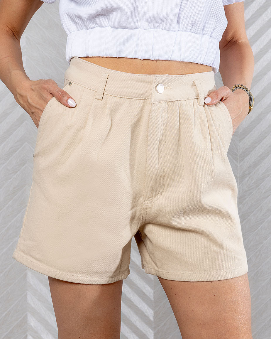 Cresta | Ecru Denim Mid-Length Shorts with Pleats