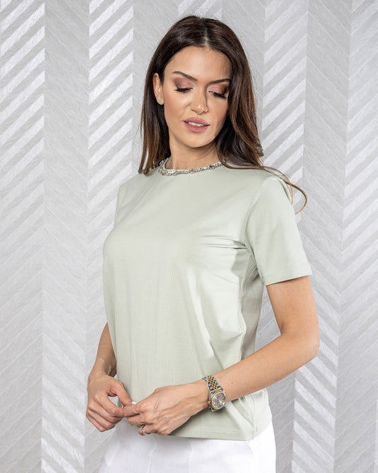 Glimmer | Mint Green T-Shirt with Stone-Embellished Round Neck