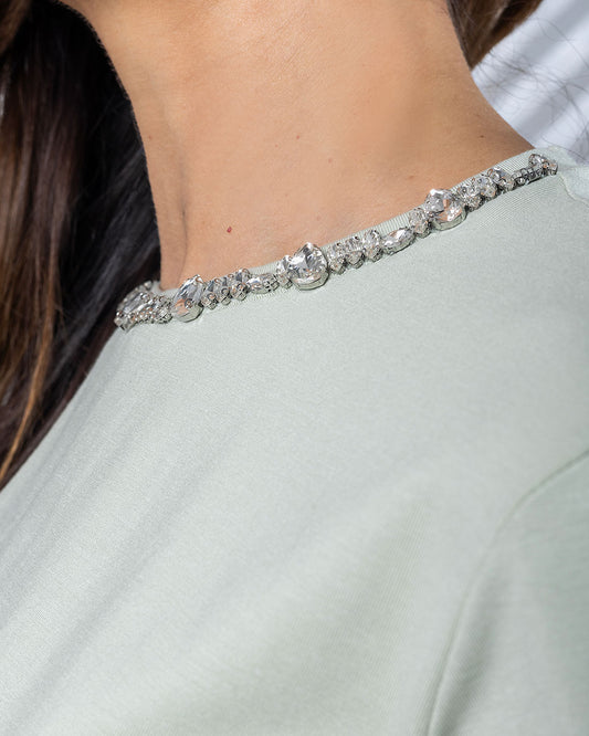 Glimmer | Mint Green T-Shirt with Stone-Embellished Round Neck