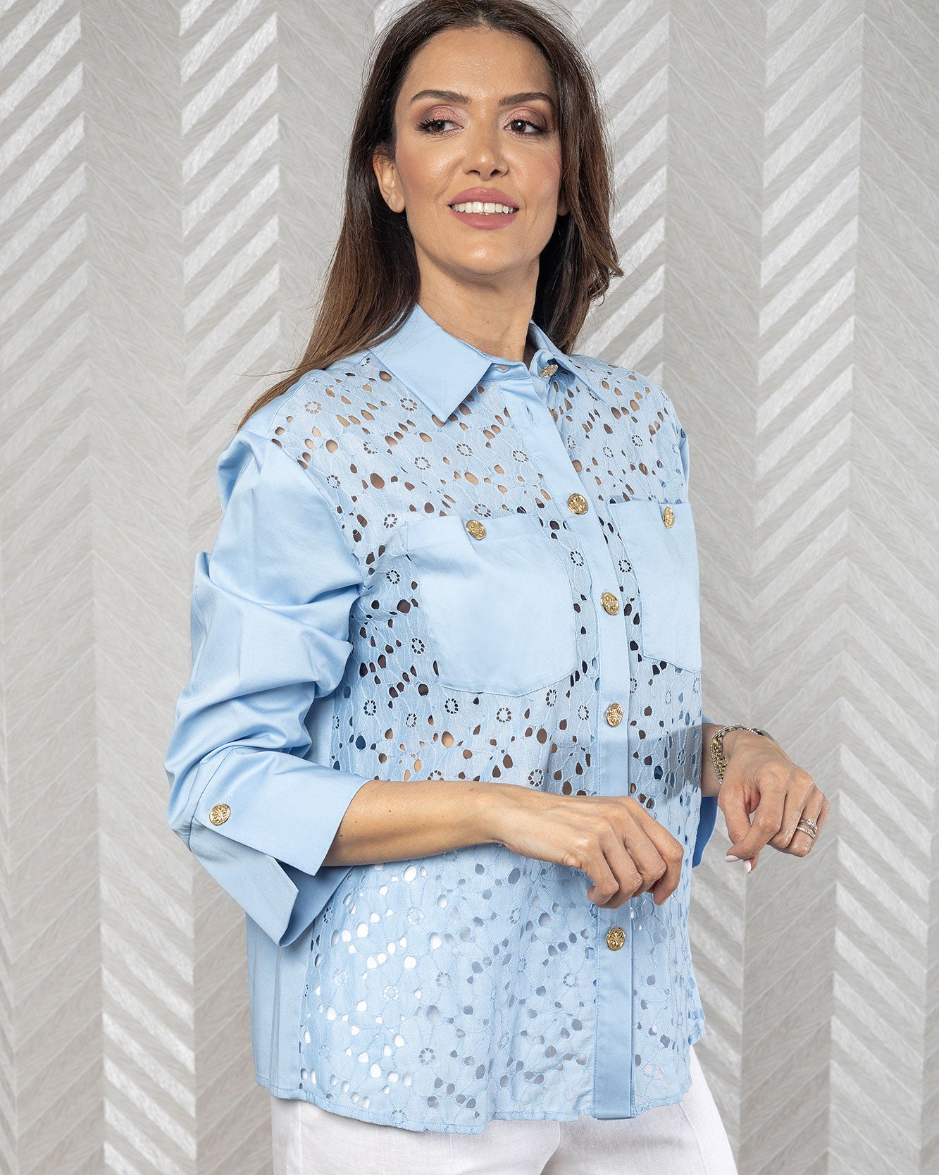 BlueWhisper | Gizia Classic Lace-Patterned Blue Shirt