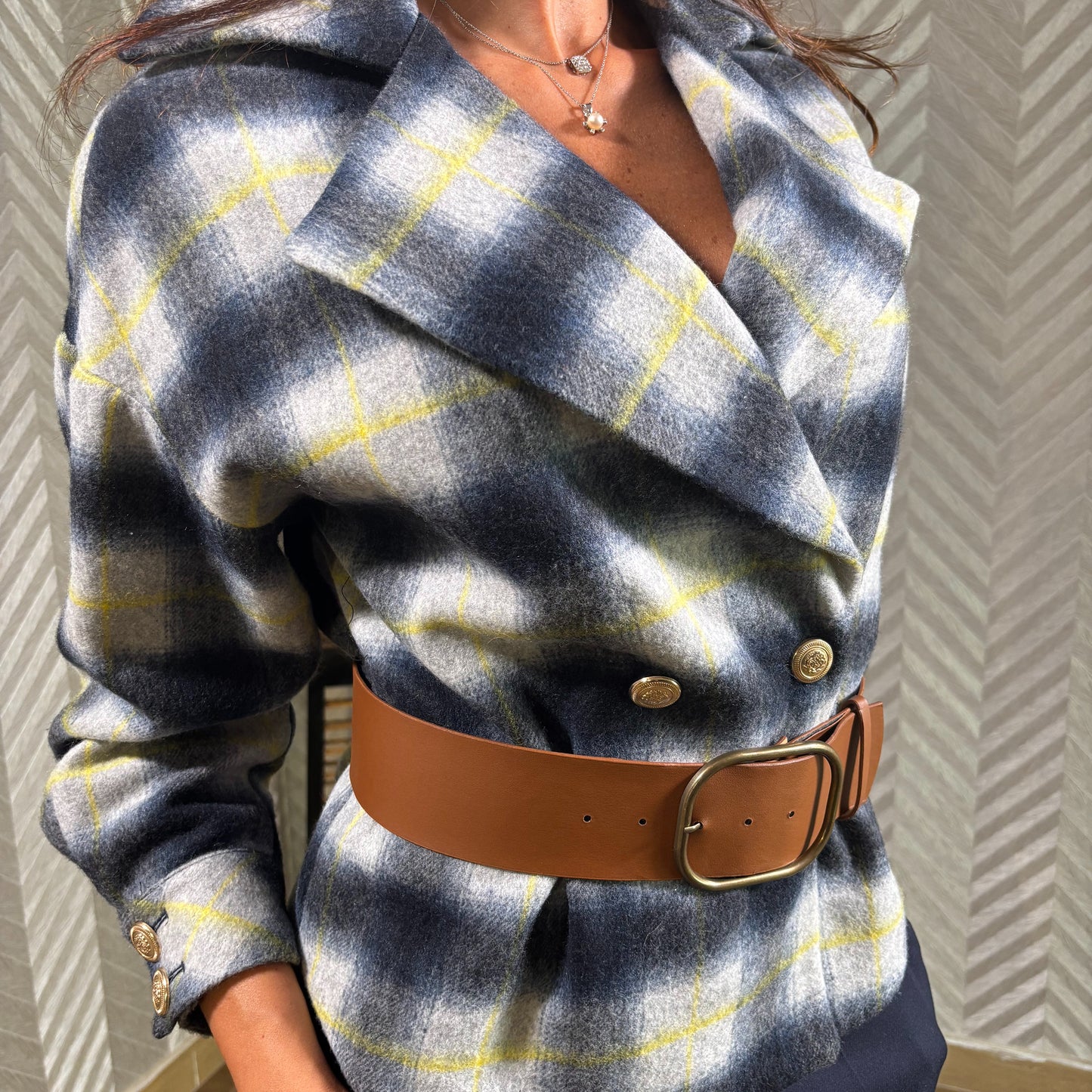 Marvane | Checkered Navy Suit with belted Double-Breasted Jacket