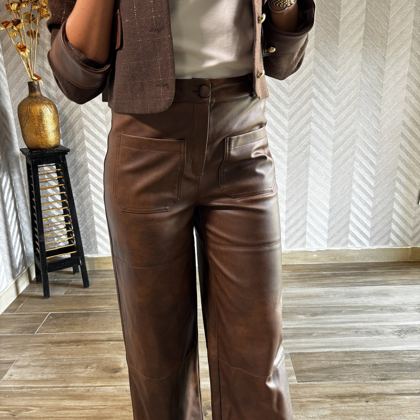 Rivara | Brown Wide-Leg Leather Pants