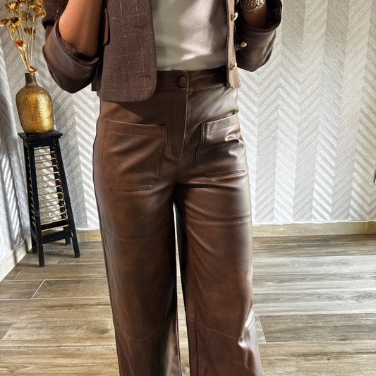 Rivara | Brown Wide-Leg Leather Pants