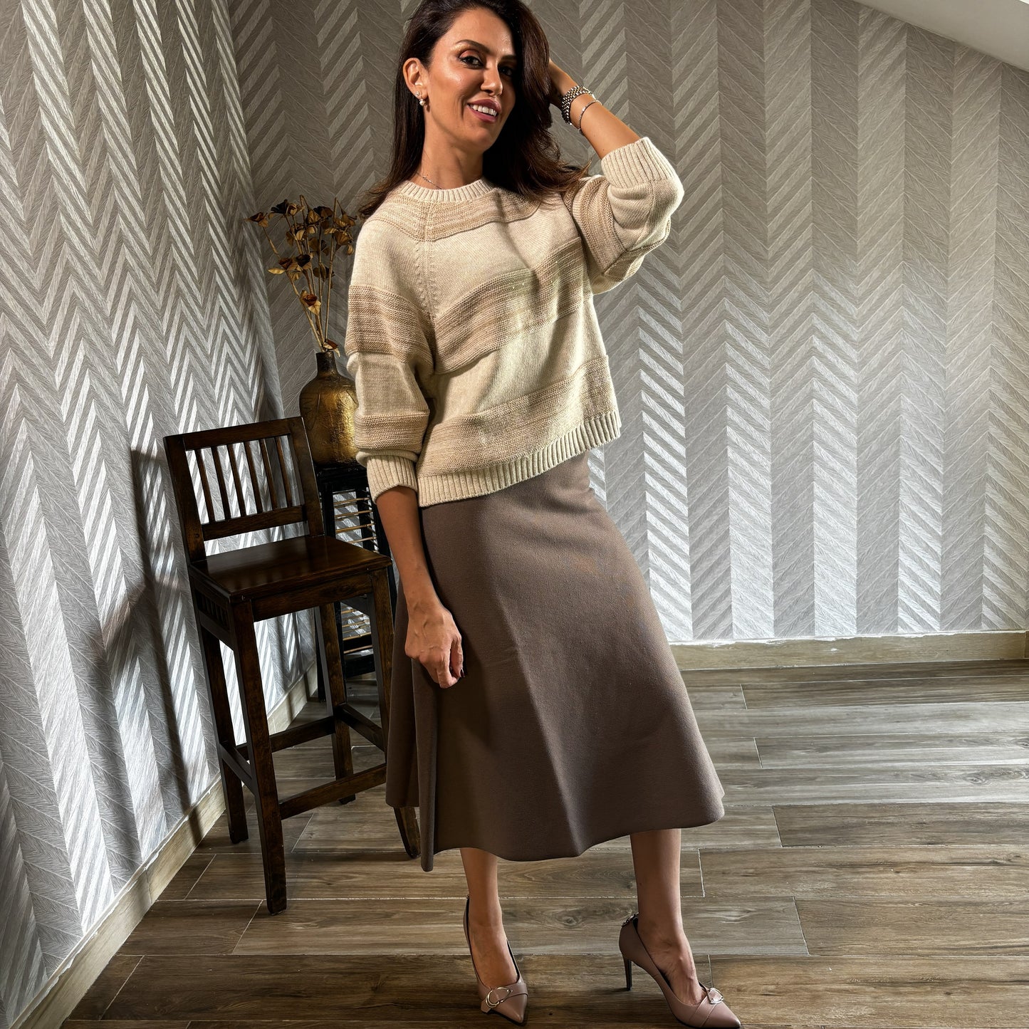 Arvène | Beige Wool A-Line Midi Skirt
