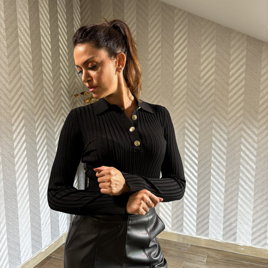 Noira | Black Tricot Long-Sleeve Polo
