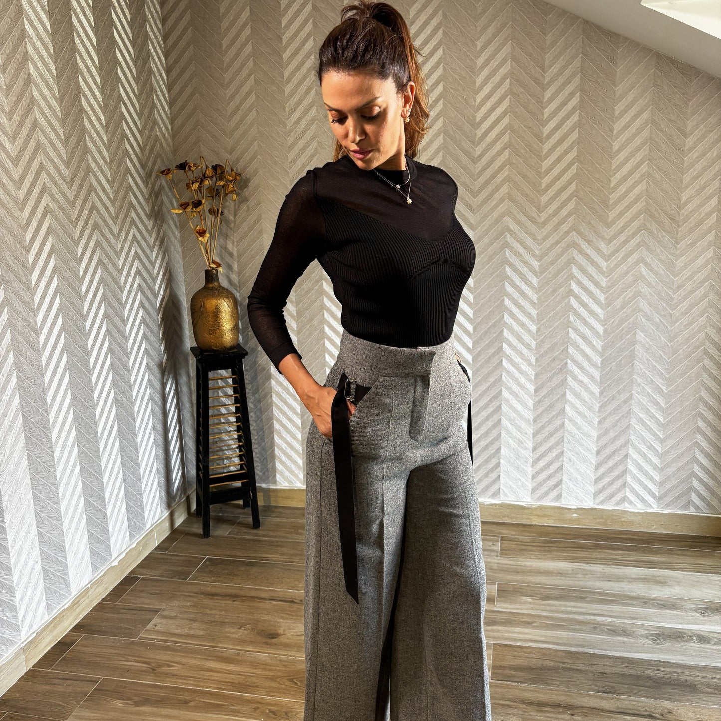 Velrine | Black Fitted Top with Sheer Upper and V-Shape Detail