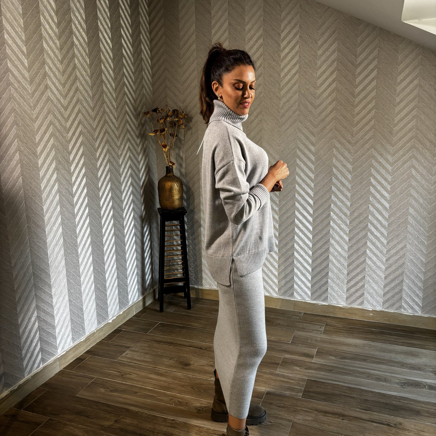 Silvane | Light Grey Wool Midi Skirt