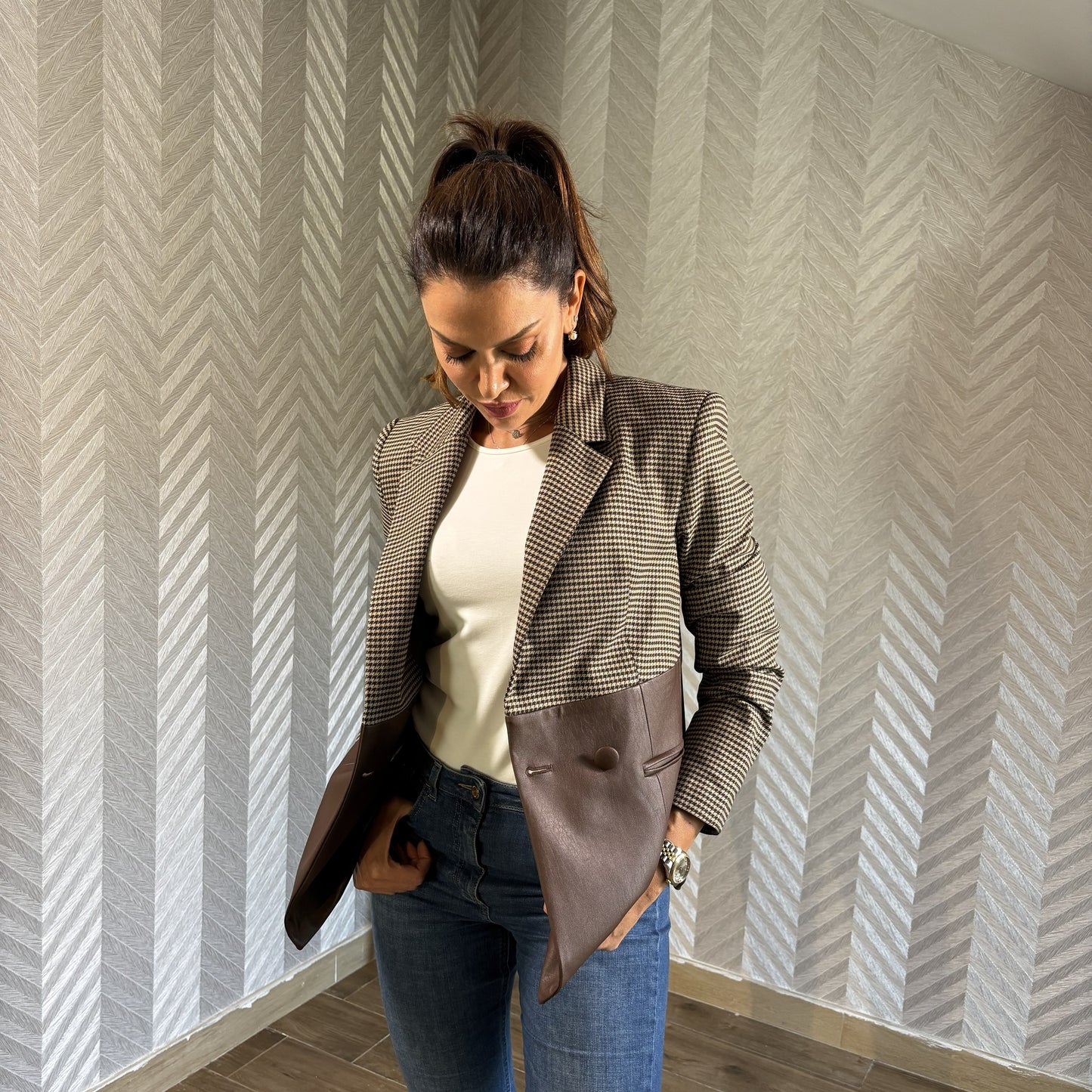 Lirvane | Light Brown Blazer with Leather Hem