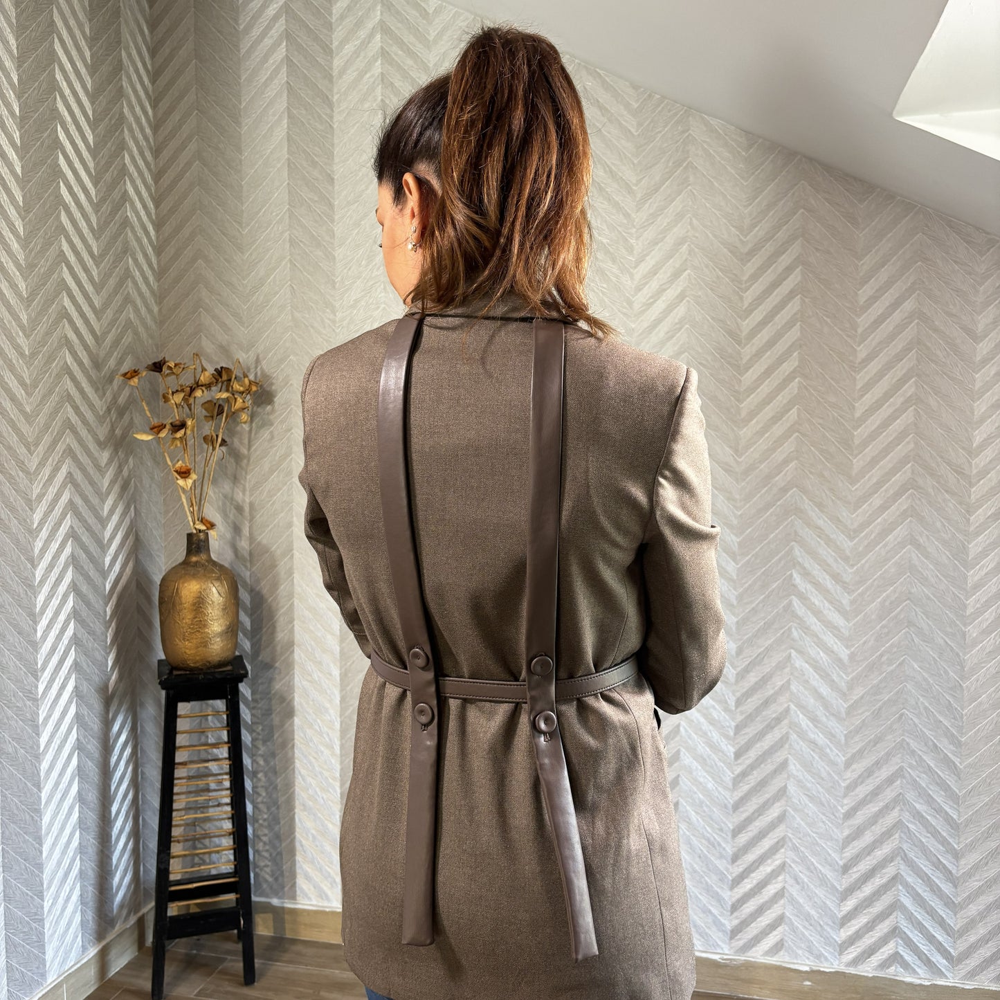 Lorvane | Light Brown Blazer with Olive Green Back Belts