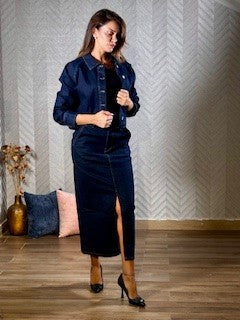 Skirt, dark blue denim, midi, fitted, front slit
