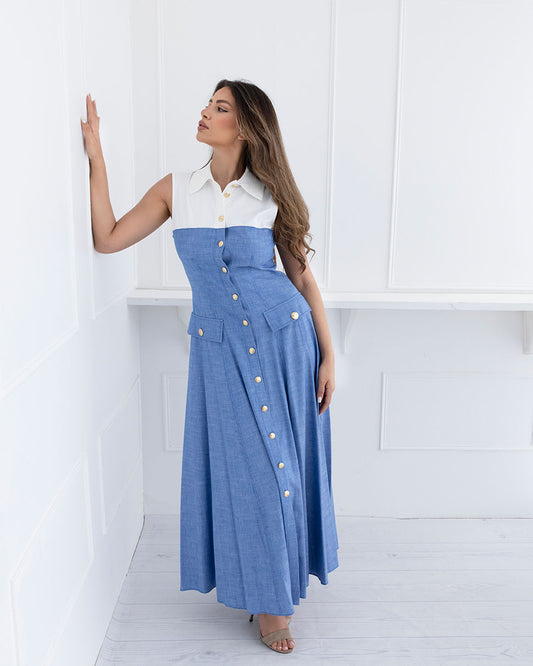 Gizia Blue & White Maxi Dress with Gold Detail