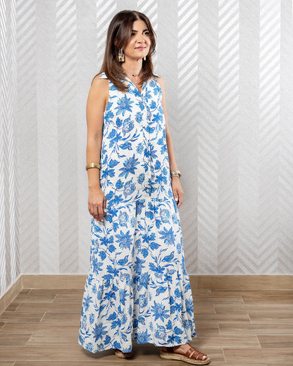 Blossom | Ecru Linen Maxi Dress with Blue Floral Print and Belt