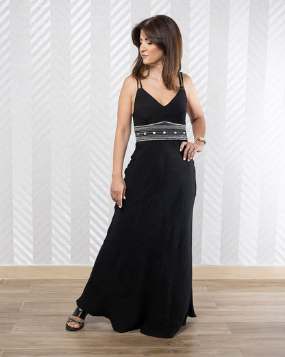 Seashell | Black Sleeveless V-Neck Dress with Shoulder Laces and Shell Detailing