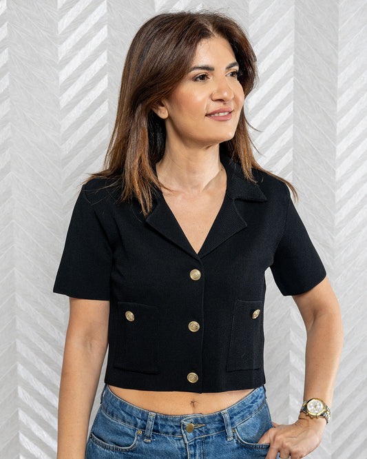 Keith | Black Tricot Short Sleeve Blouse with Gold Button Details