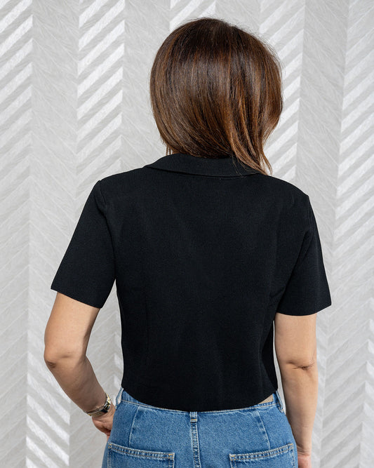 Keith | Black Tricot Short Sleeve Blouse with Gold Button Details