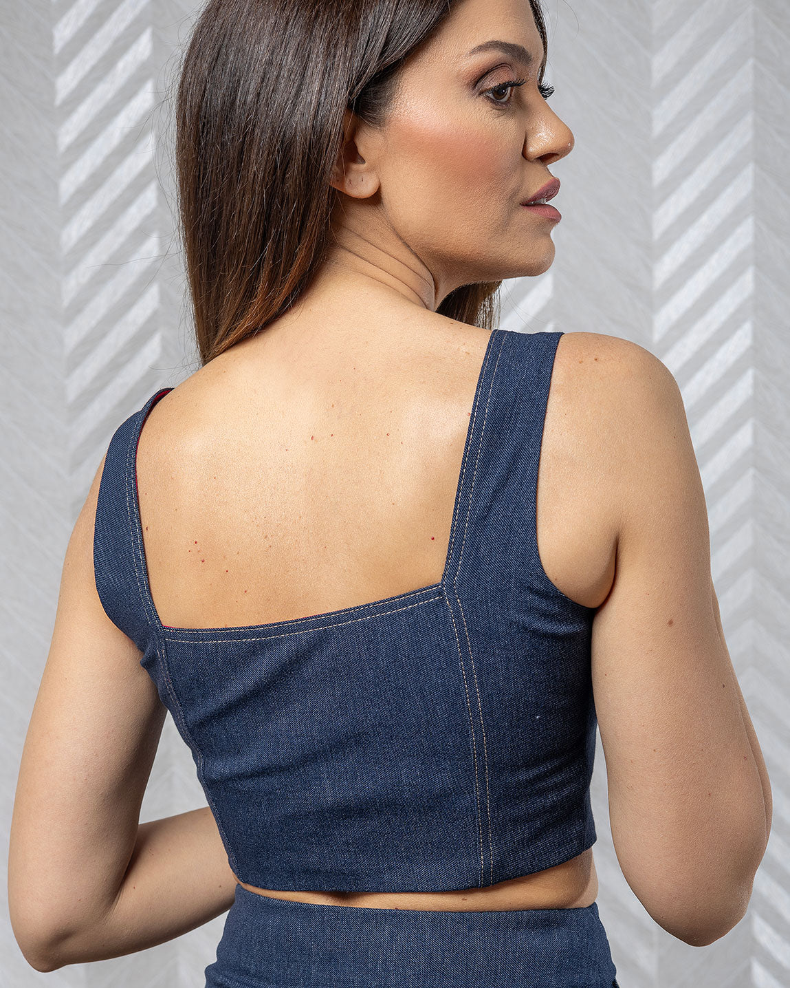 Zipline | Sleeveless Denim Crop Top with Front Gold Zipper