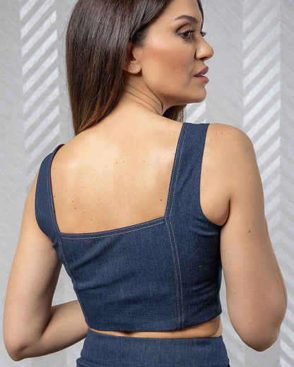 Zipline | Sleeveless Denim Crop Top with Front Gold Zipper