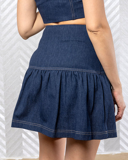 Zipflare | Pleated Denim Mini Skirt with Gold Zipper