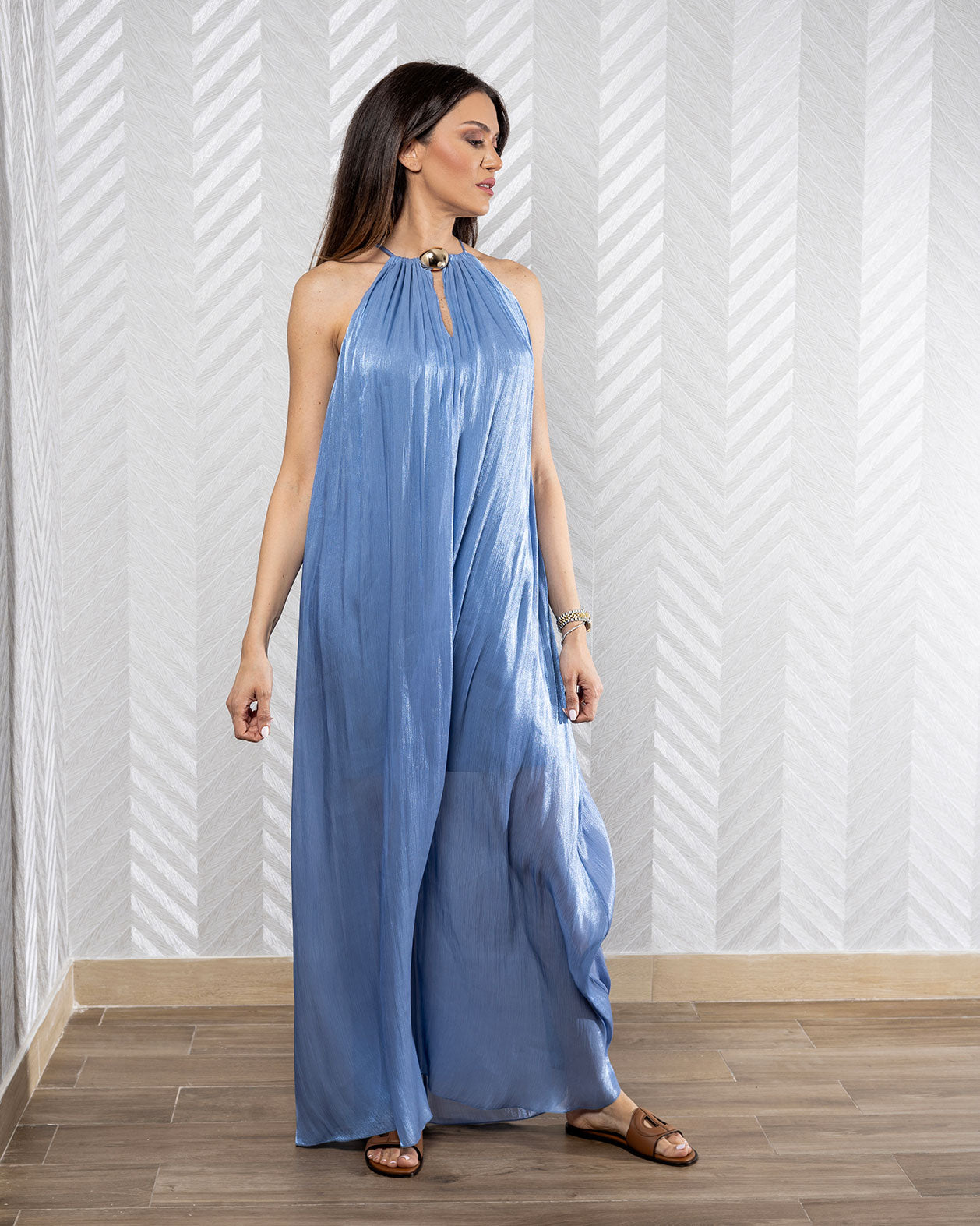 Aurora | Blue Maxi Dress with Round Neck and Gold Hardware