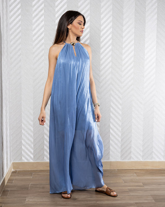 Aurora | Blue Maxi Dress with Round Neck and Gold Hardware