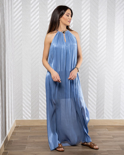 Aurora | Blue Maxi Dress with Round Neck and Gold Hardware