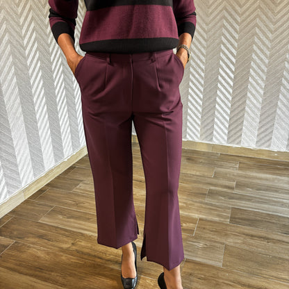 Rubelle | Burgundy Ankle-Length Pants with Subtle Inner Slits