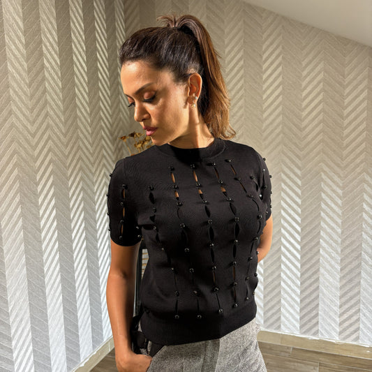 Nuvane | Black Studded Top