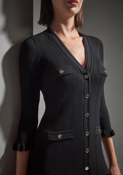 Serava | Black Midi Dress with Fitted Bodice and Flowy Skirt