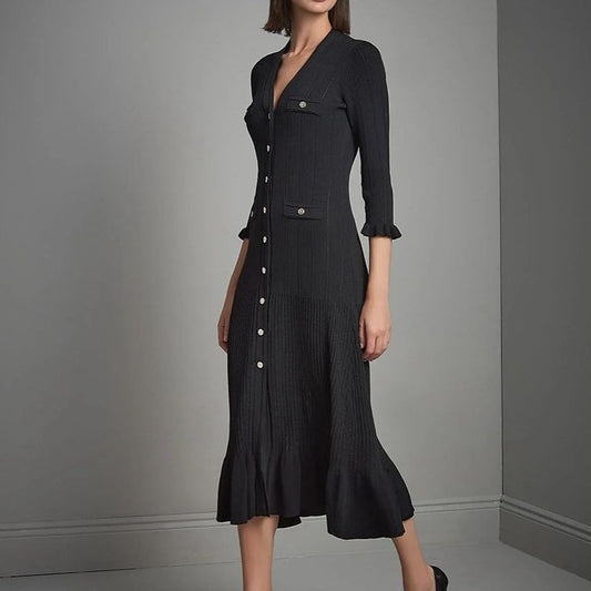 Serava | Black Midi Dress with Fitted Bodice and Flowy Skirt