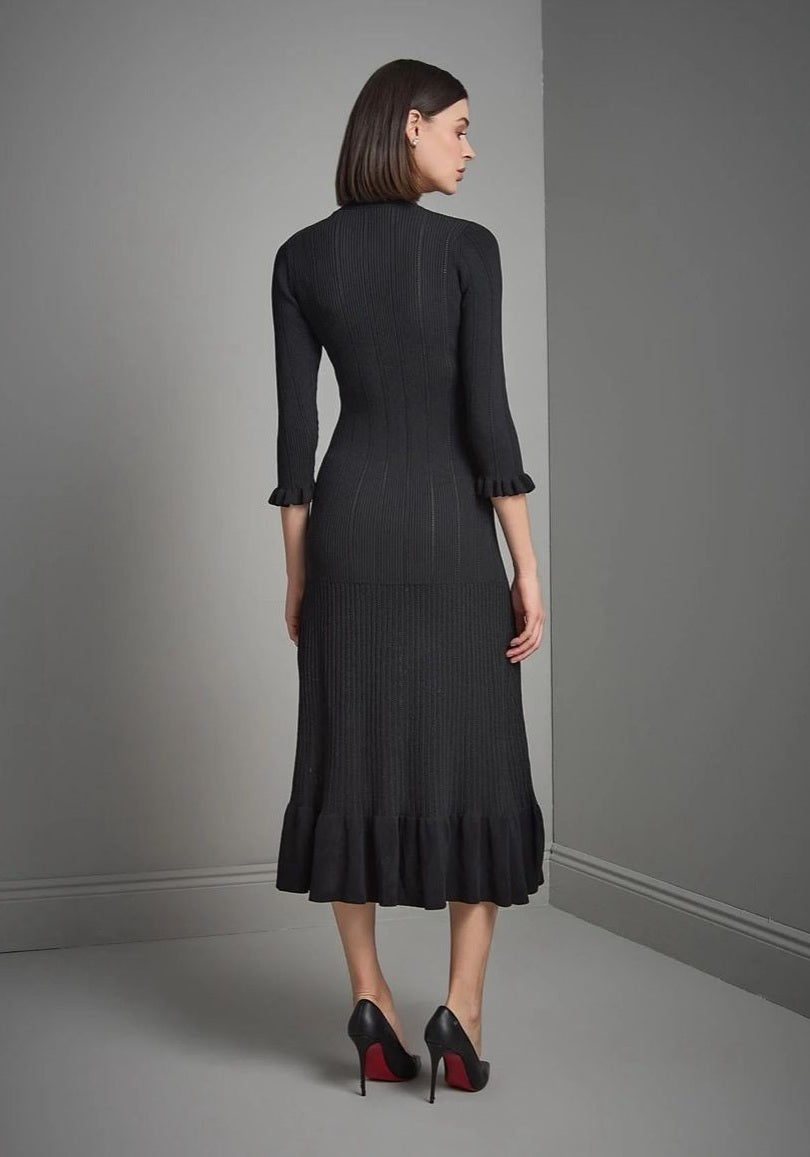 Serava | Black Midi Dress with Fitted Bodice and Flowy Skirt