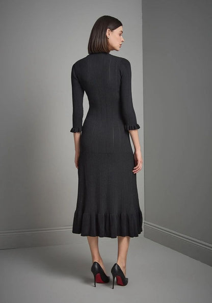 Serava | Black Midi Dress with Fitted Bodice and Flowy Skirt