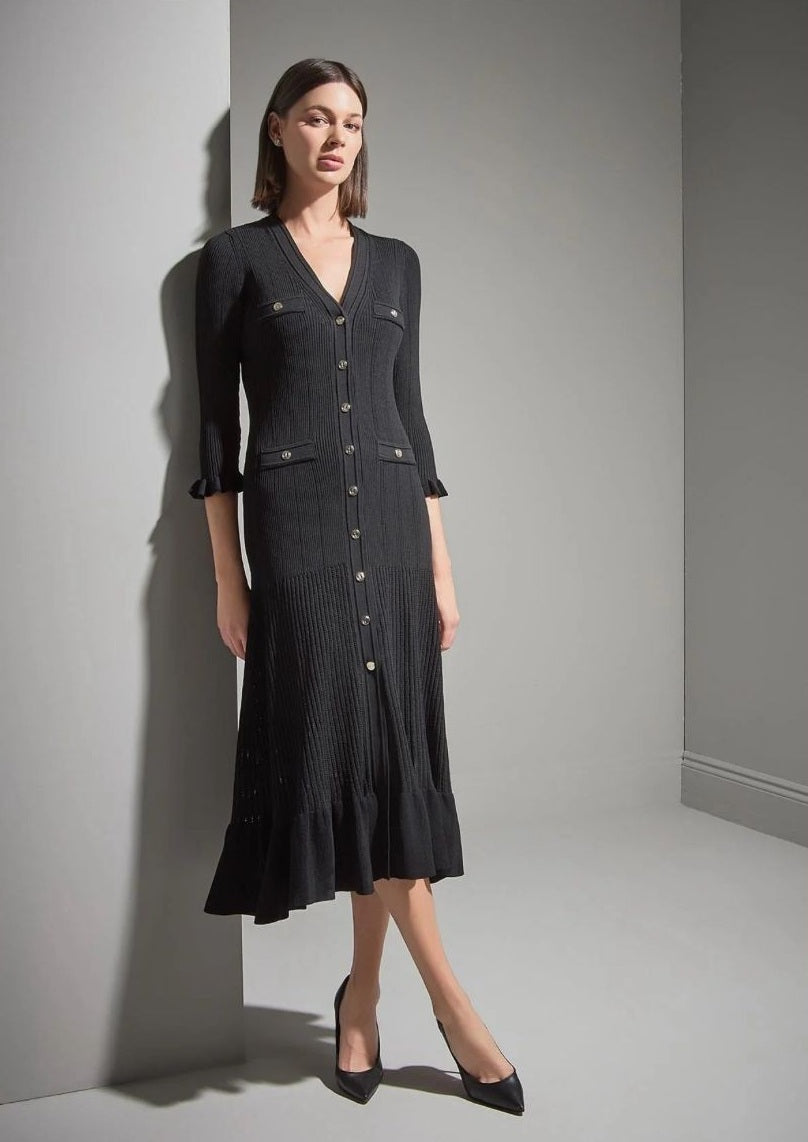 Serava | Black Midi Dress with Fitted Bodice and Flowy Skirt