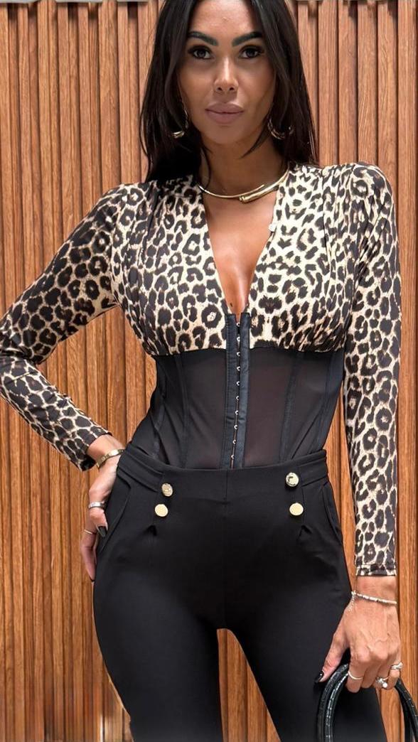 Valentina | Leopard & Sheer V‑Neck Bodysuit
