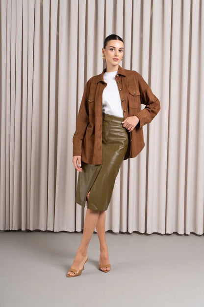 Terrain | Olive Green Leather Midi Skirt with Front Slit