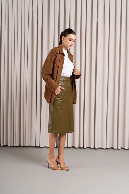 Terrain | Olive Green Leather Midi Skirt with Front Slit