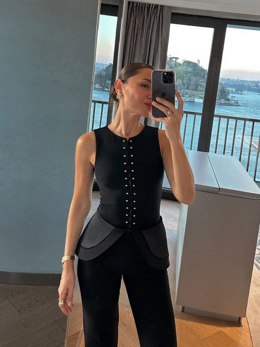 Luma | Black Pants with Satin Ruffle Waist