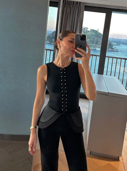 Luma | Black Pants with Satin Ruffle Waist